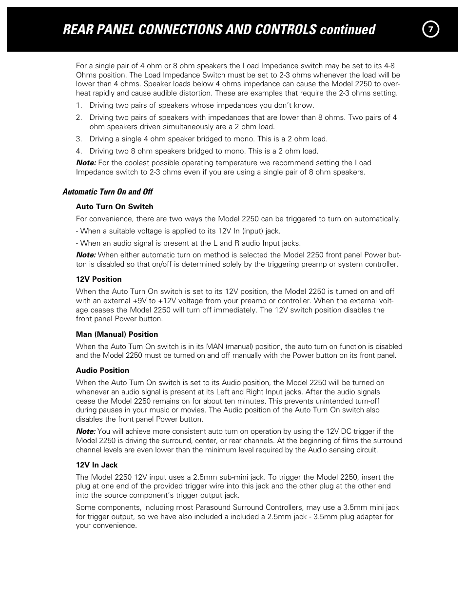 Rear panel connections and controls continued | Parasound NewClassic Model 2250 User Manual | Page 9 / 16