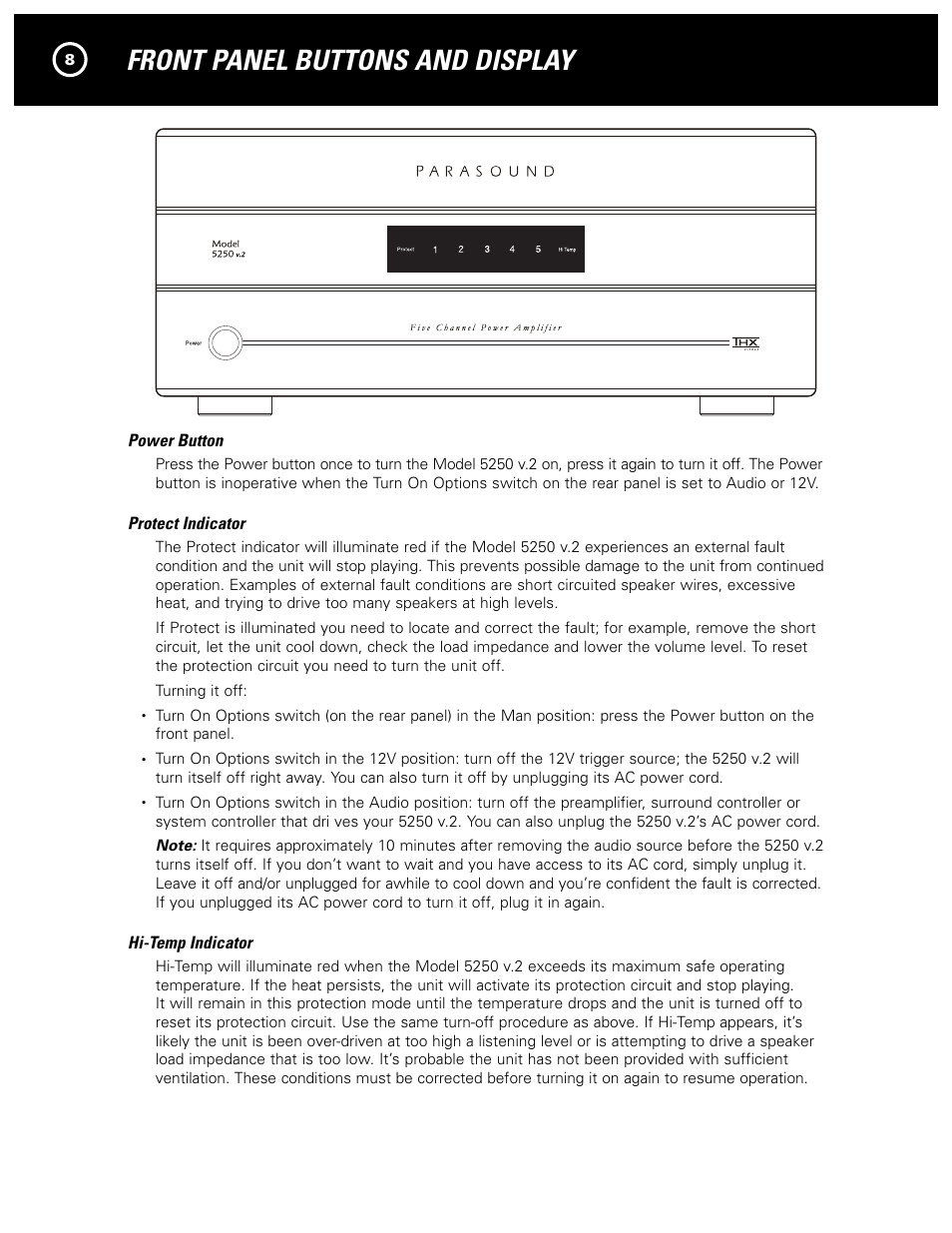 Front panel buttons and display | Parasound 5250 V.2 User Manual | Page 10 / 16