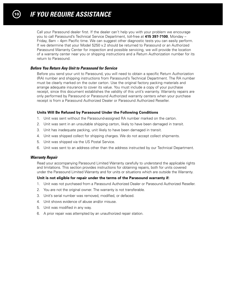 If you require assistance | Parasound 5250 V.2 User Manual | Page 12 / 16