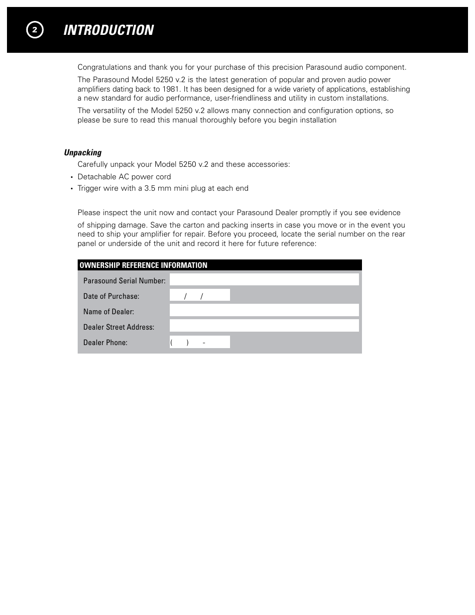 Introduction | Parasound 5250 V.2 User Manual | Page 4 / 16