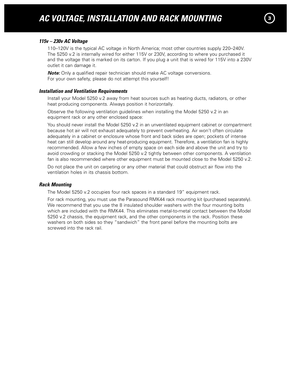 Ac voltage, installation and rack mounting | Parasound 5250 V.2 User Manual | Page 5 / 16