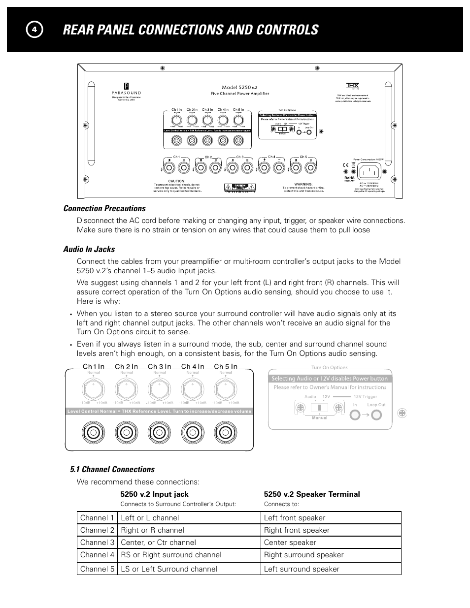 Rear panel connections and controls | Parasound 5250 V.2 User Manual | Page 6 / 16
