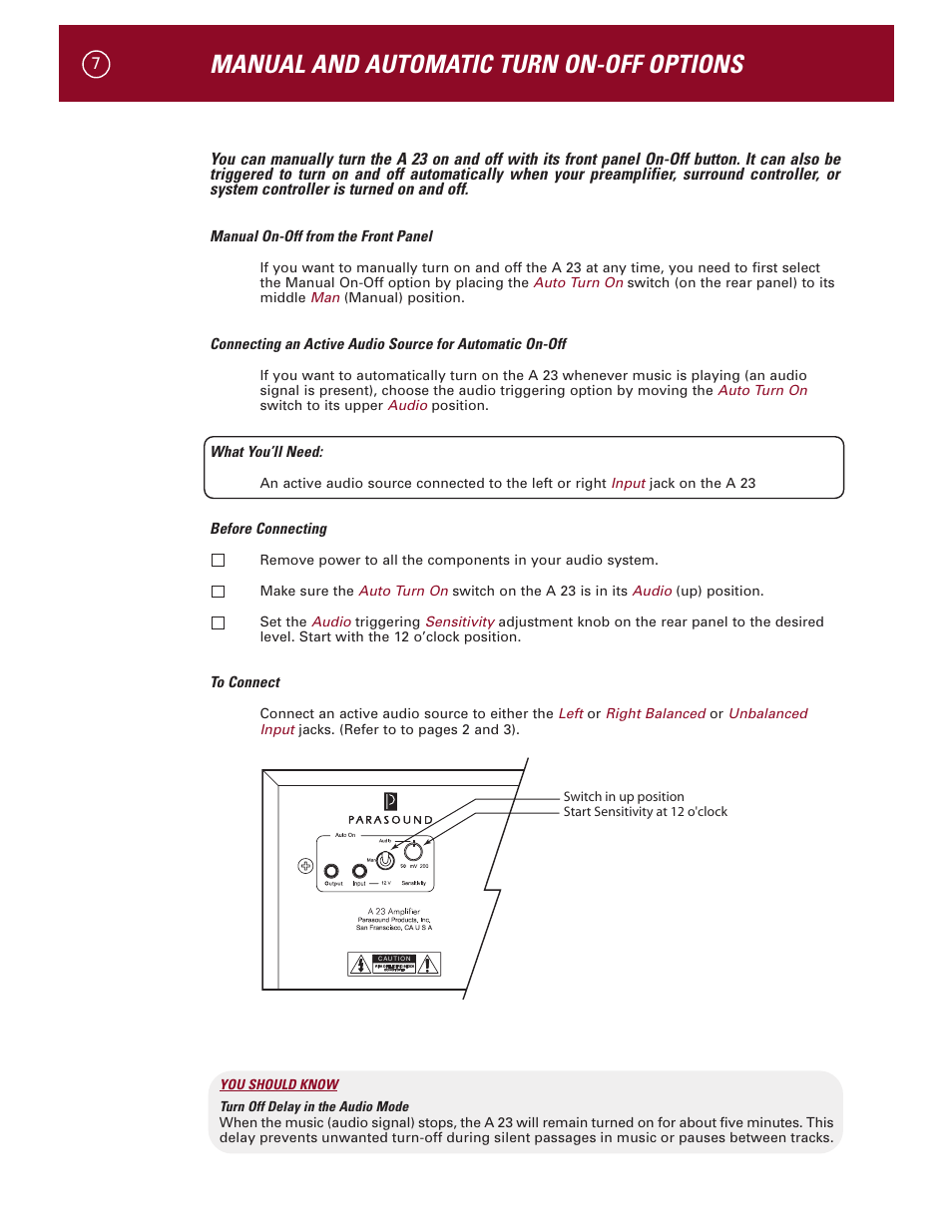 Manual and automatic turn on-off options | Parasound A 23 User Manual | Page 10 / 23