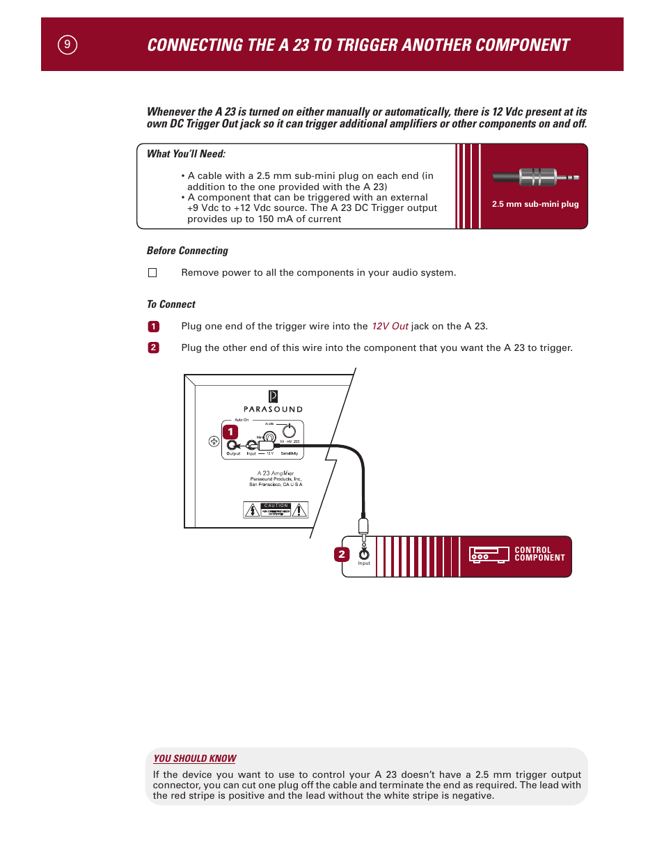 Connecting the a 23 to trigger another component | Parasound A 23 User Manual | Page 12 / 23