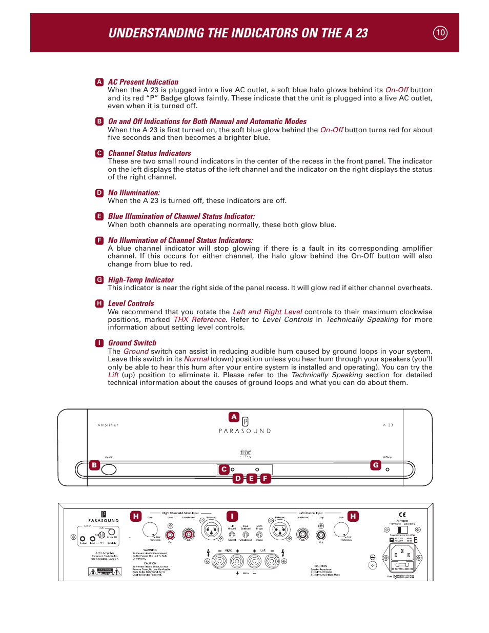 Understanding the indicators on the a 23 | Parasound A 23 User Manual | Page 13 / 23