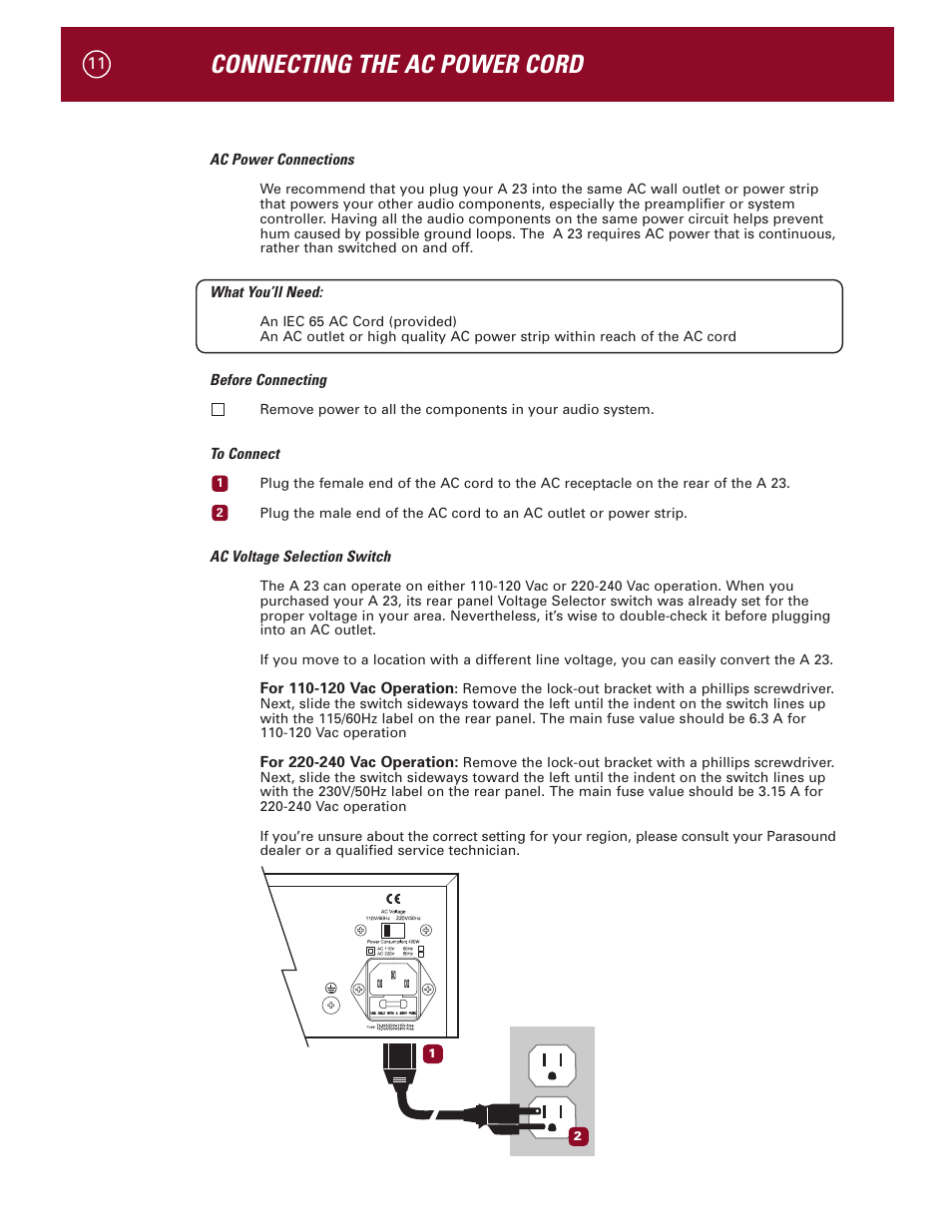 Connecting the ac power cord | Parasound A 23 User Manual | Page 14 / 23