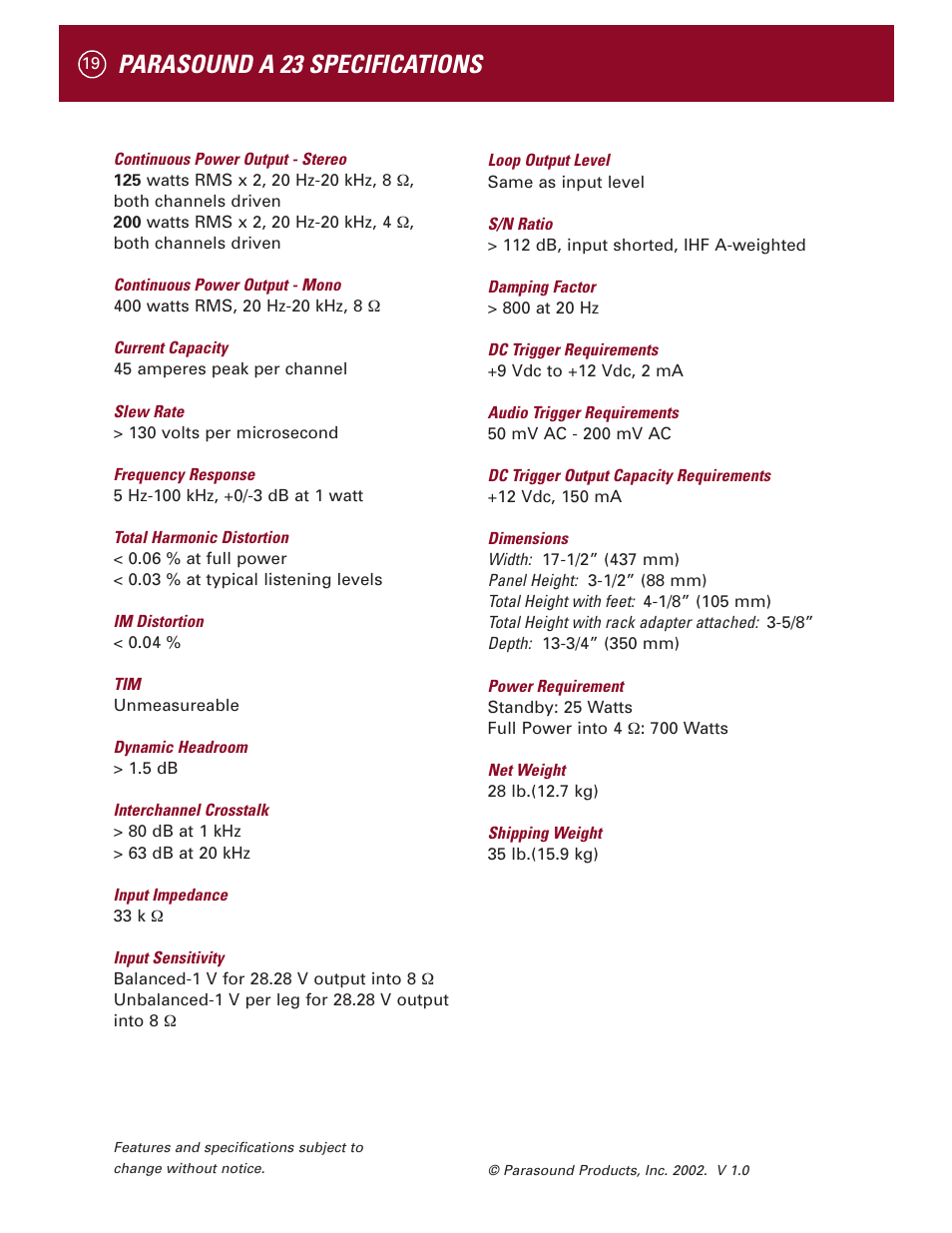 Parasound a 23 specifications | Parasound A 23 User Manual | Page 22 / 23