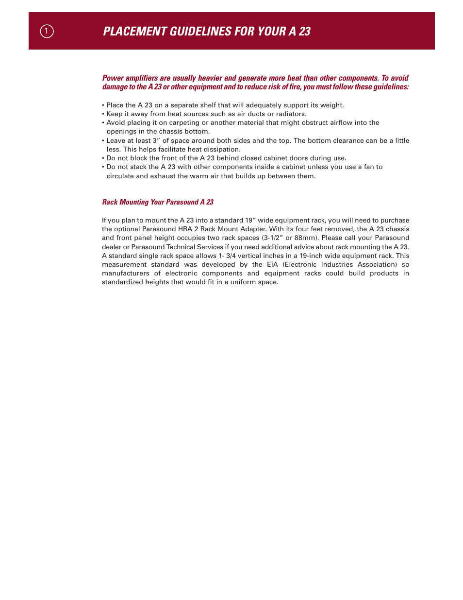 Placement guidelines for your a 23 | Parasound A 23 User Manual | Page 4 / 23