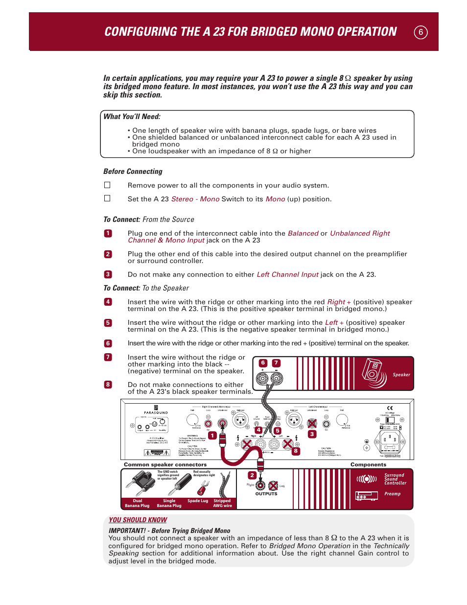 Configuring the a 23 for bridged mono operation | Parasound A 23 User Manual | Page 9 / 23