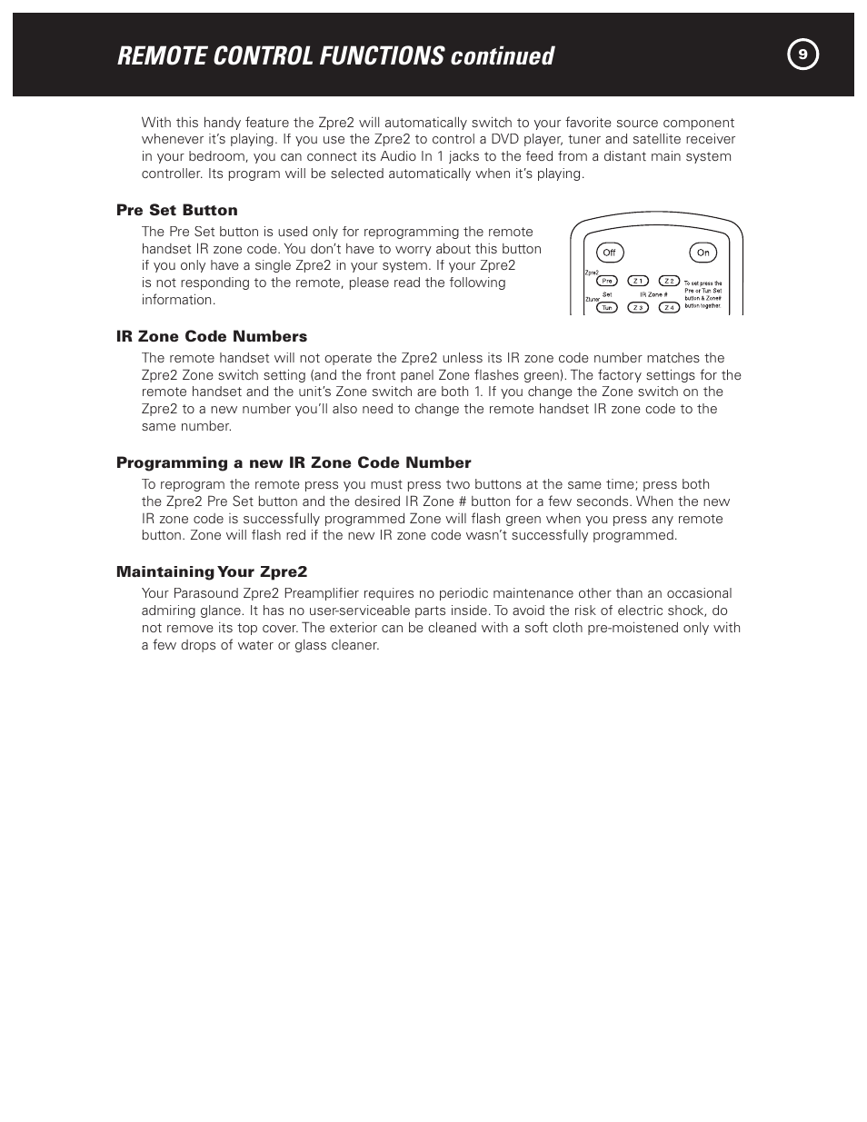 Remote control functions continued | Parasound Zpre2 User Manual | Page 11 / 16