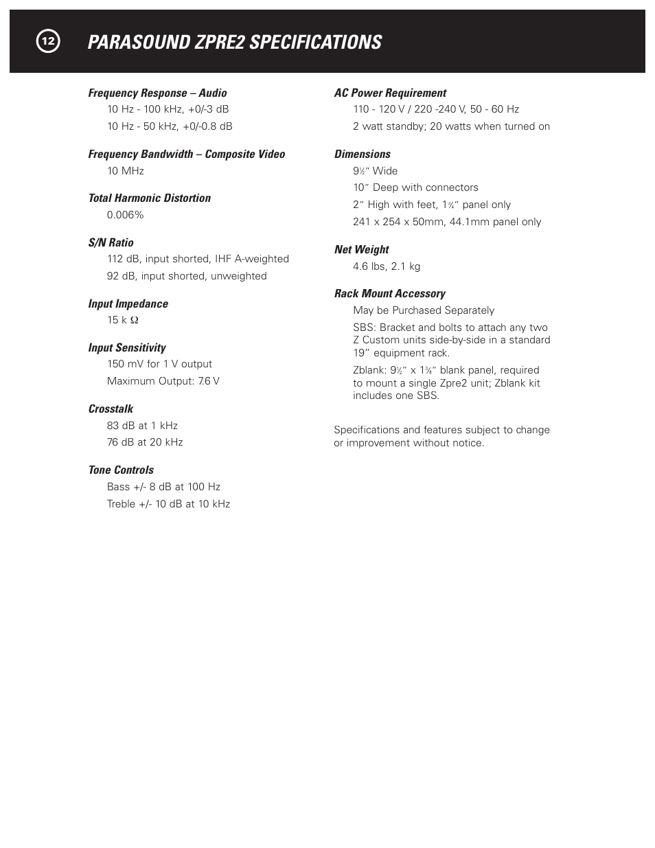 Parasound zpre2 specifications | Parasound Zpre2 User Manual | Page 14 / 16