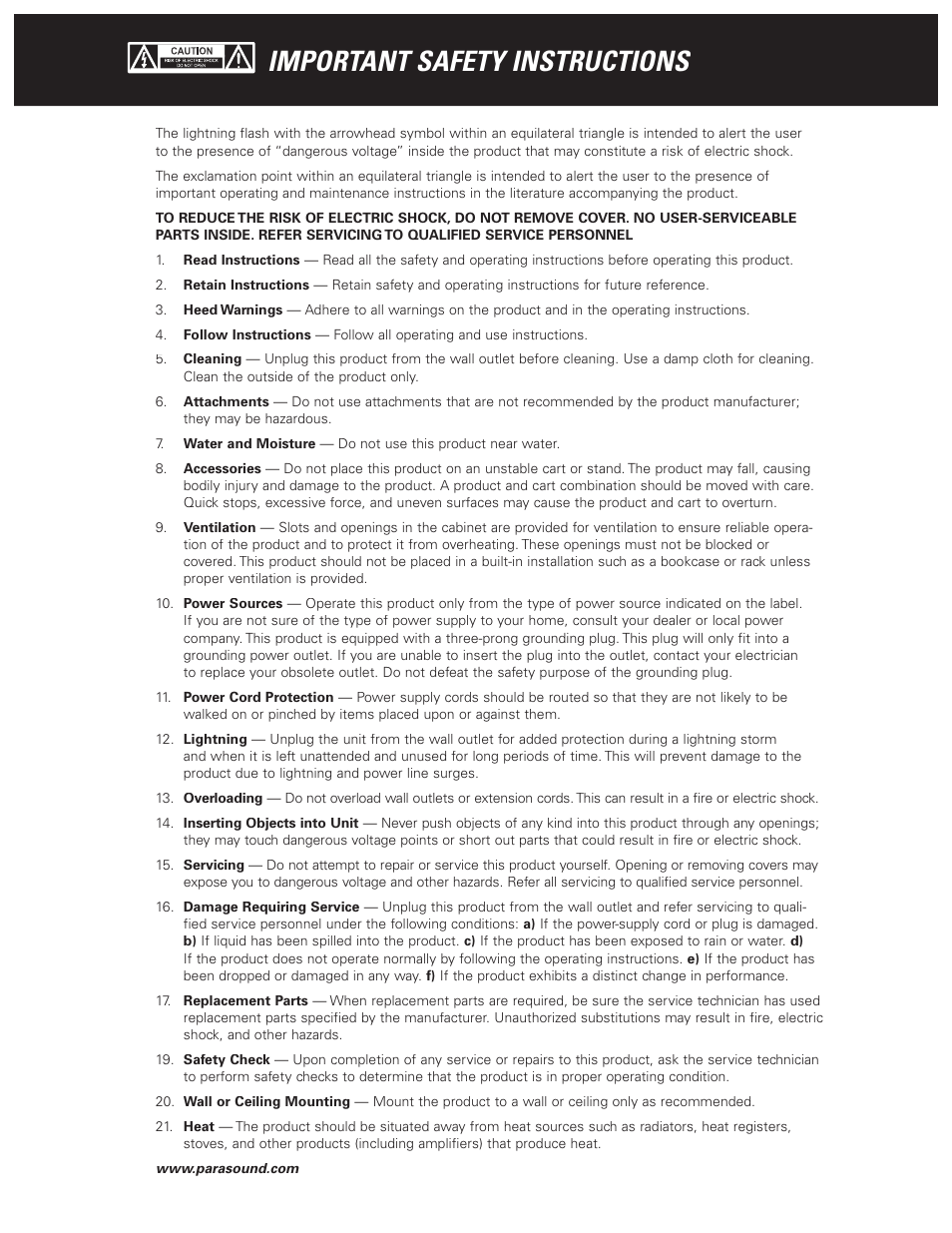 Important safety instructions | Parasound Zpre2 User Manual | Page 2 / 16