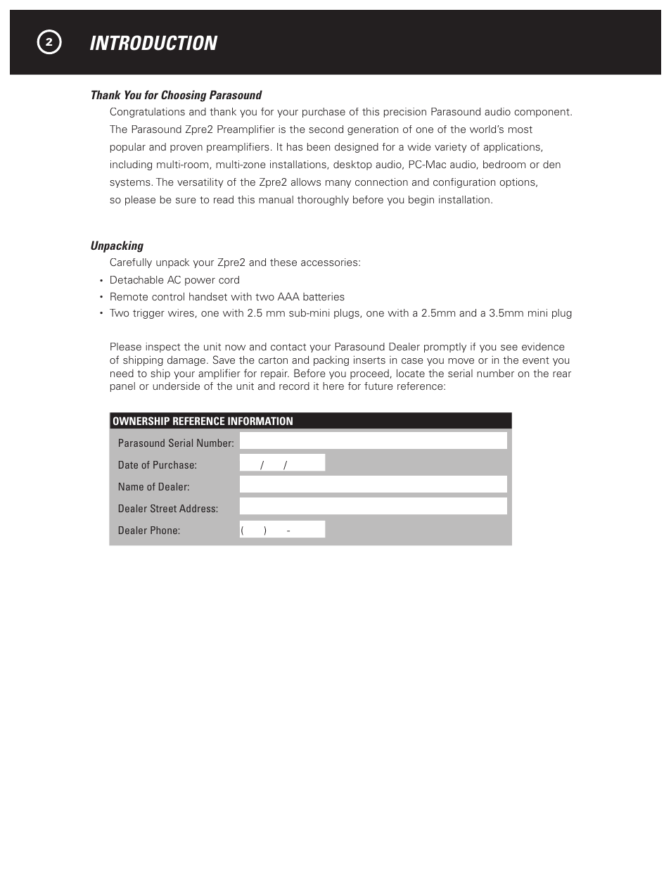 Introduction | Parasound Zpre2 User Manual | Page 4 / 16