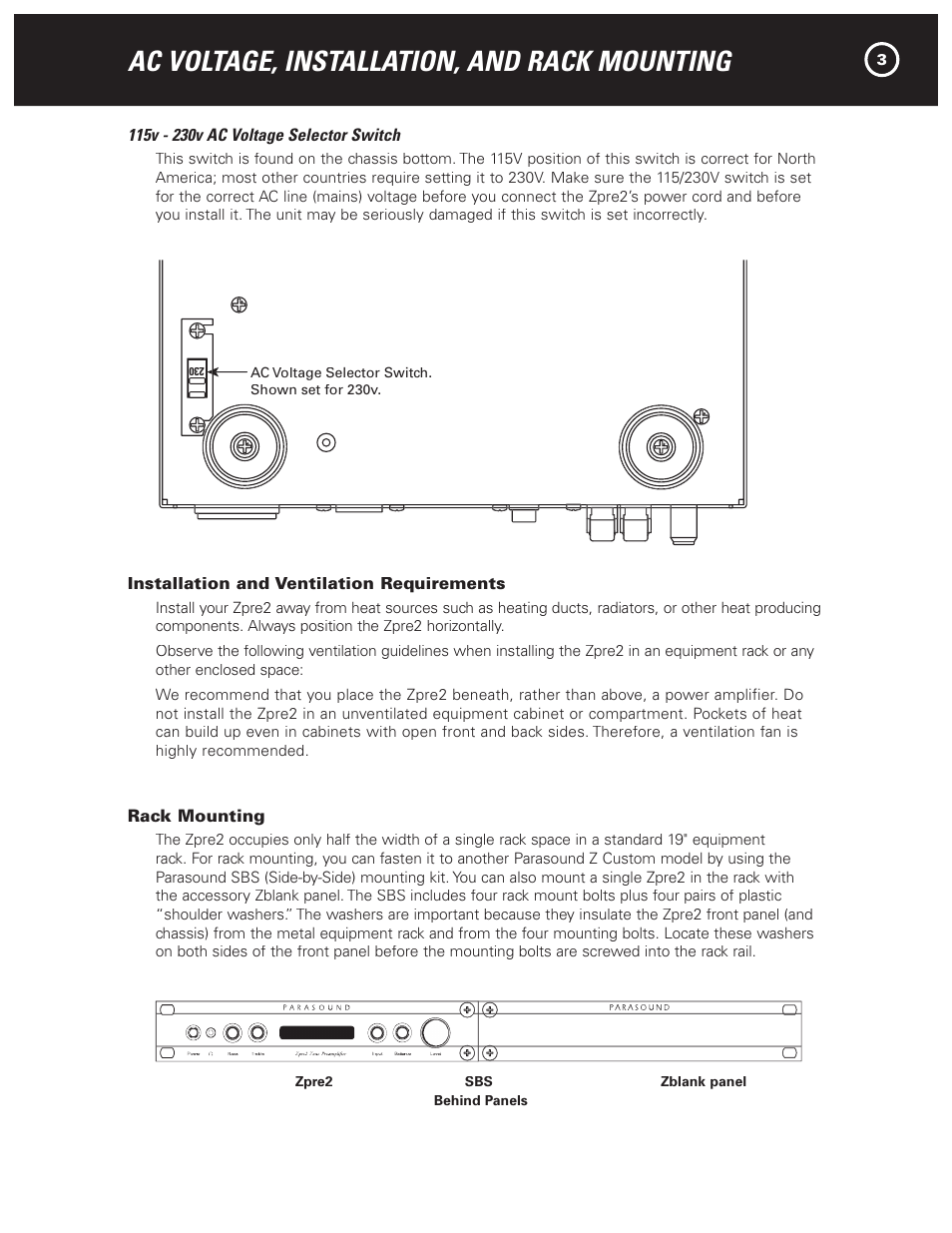 Ac voltage, installation, and rack mounting | Parasound Zpre2 User Manual | Page 5 / 16