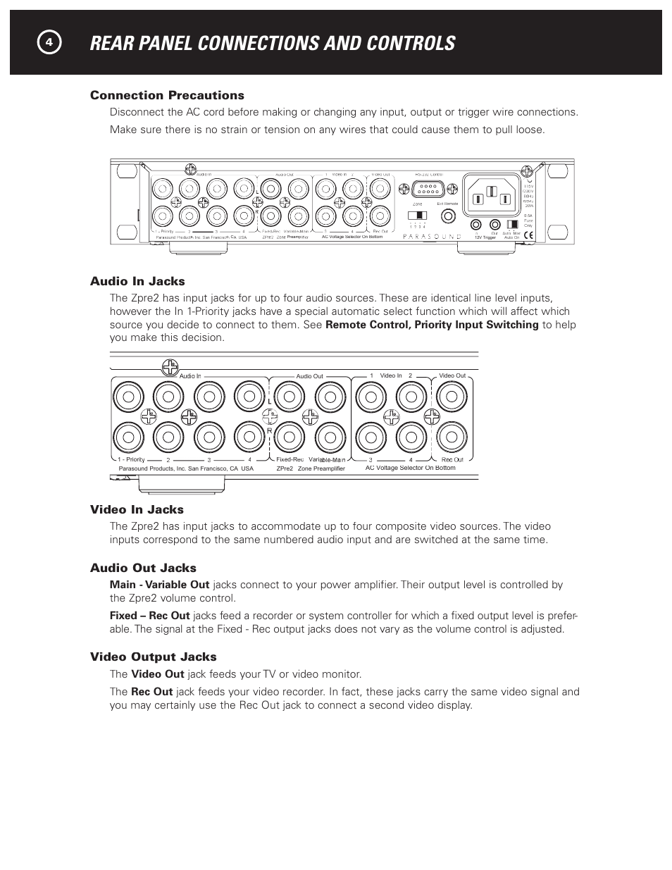 Rear panel connections and controls, Connection precautions, Audio in jacks | Video in jacks, Audio out jacks, Video output jacks | Parasound Zpre2 User Manual | Page 6 / 16