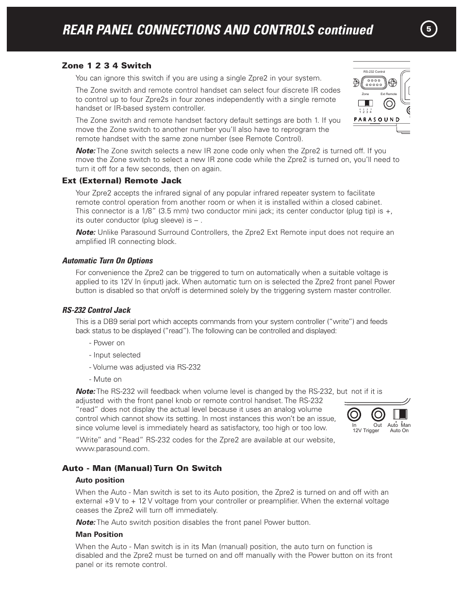 Rear panel connections and controls continued, Zone 1 2 3 4 switch, Ext (external) remote jack | Automatic turn on options, Rs-232 control jack, Auto - man (manual) turn on switch | Parasound Zpre2 User Manual | Page 7 / 16