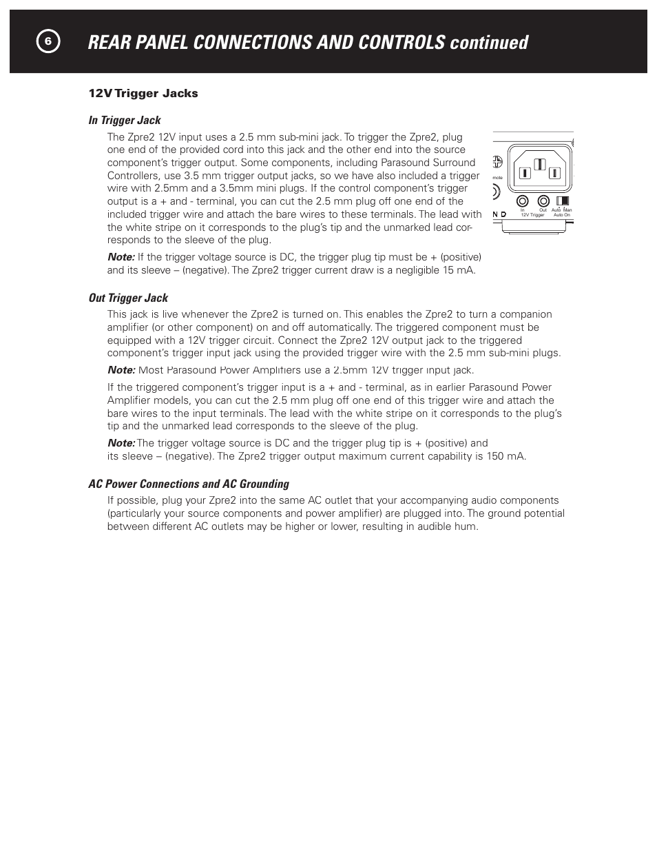 Rear panel connections and controls continued, 12v trigger jacks in trigger jack, Out trigger jack | Ac power connections and ac grounding | Parasound Zpre2 User Manual | Page 8 / 16