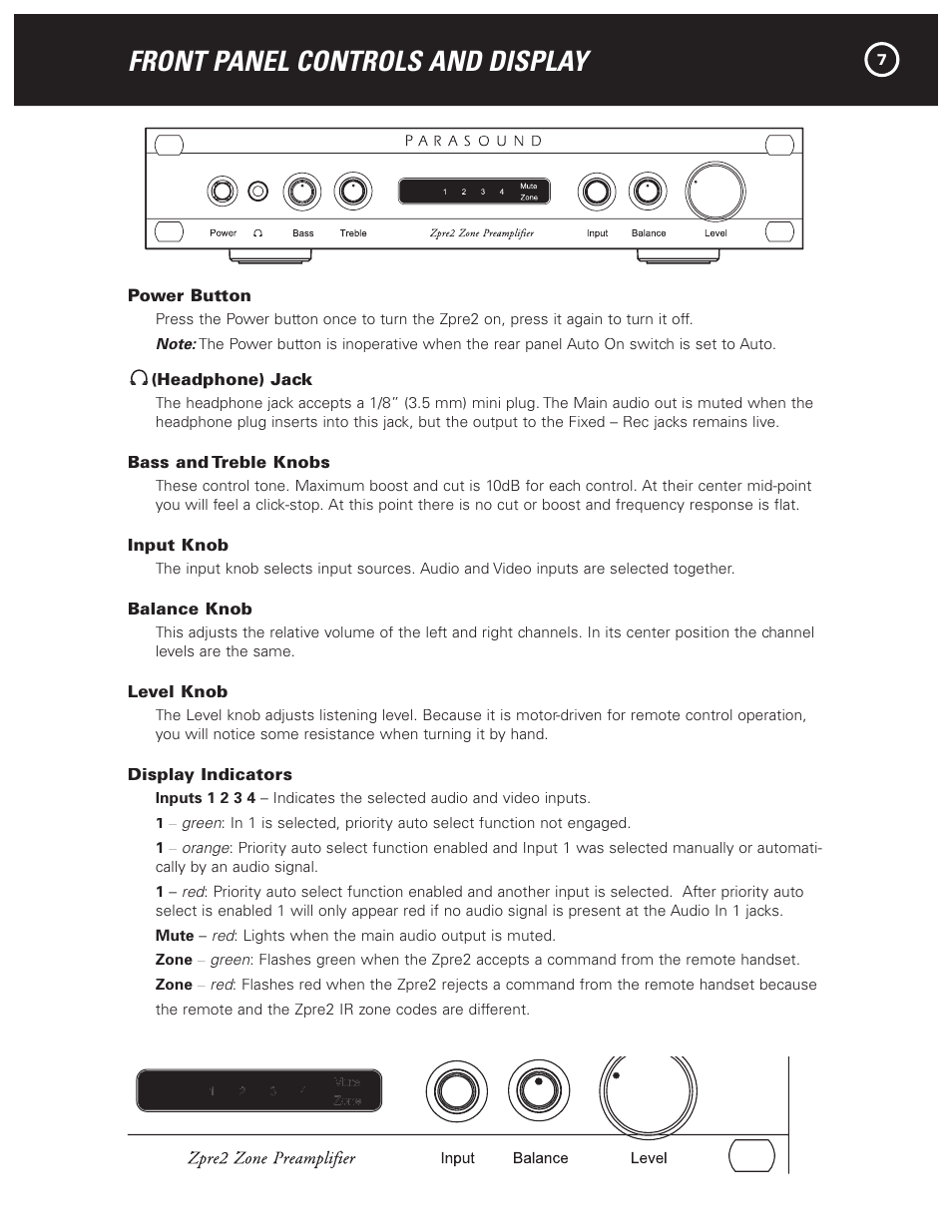 Front panel controls and display | Parasound Zpre2 User Manual | Page 9 / 16