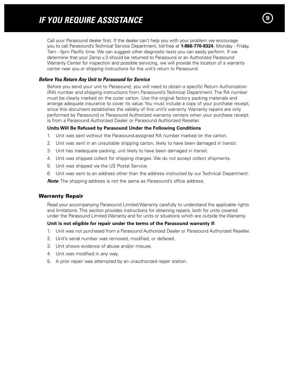 If you require assistance | Parasound Zamp v.3 User Manual | Page 11 / 12