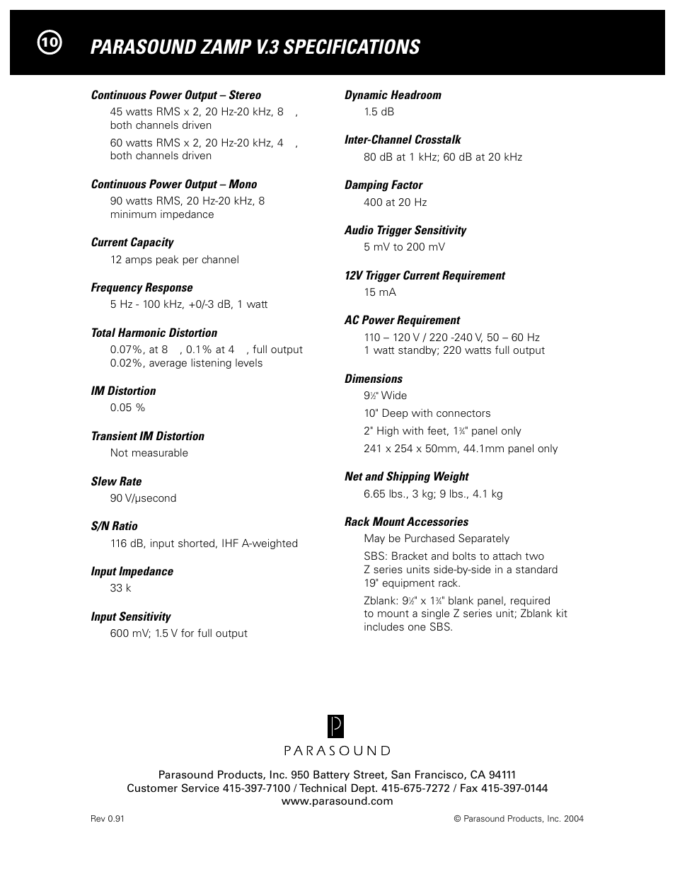 Parasound zamp v.3 specifications | Parasound Zamp v.3 User Manual | Page 12 / 12