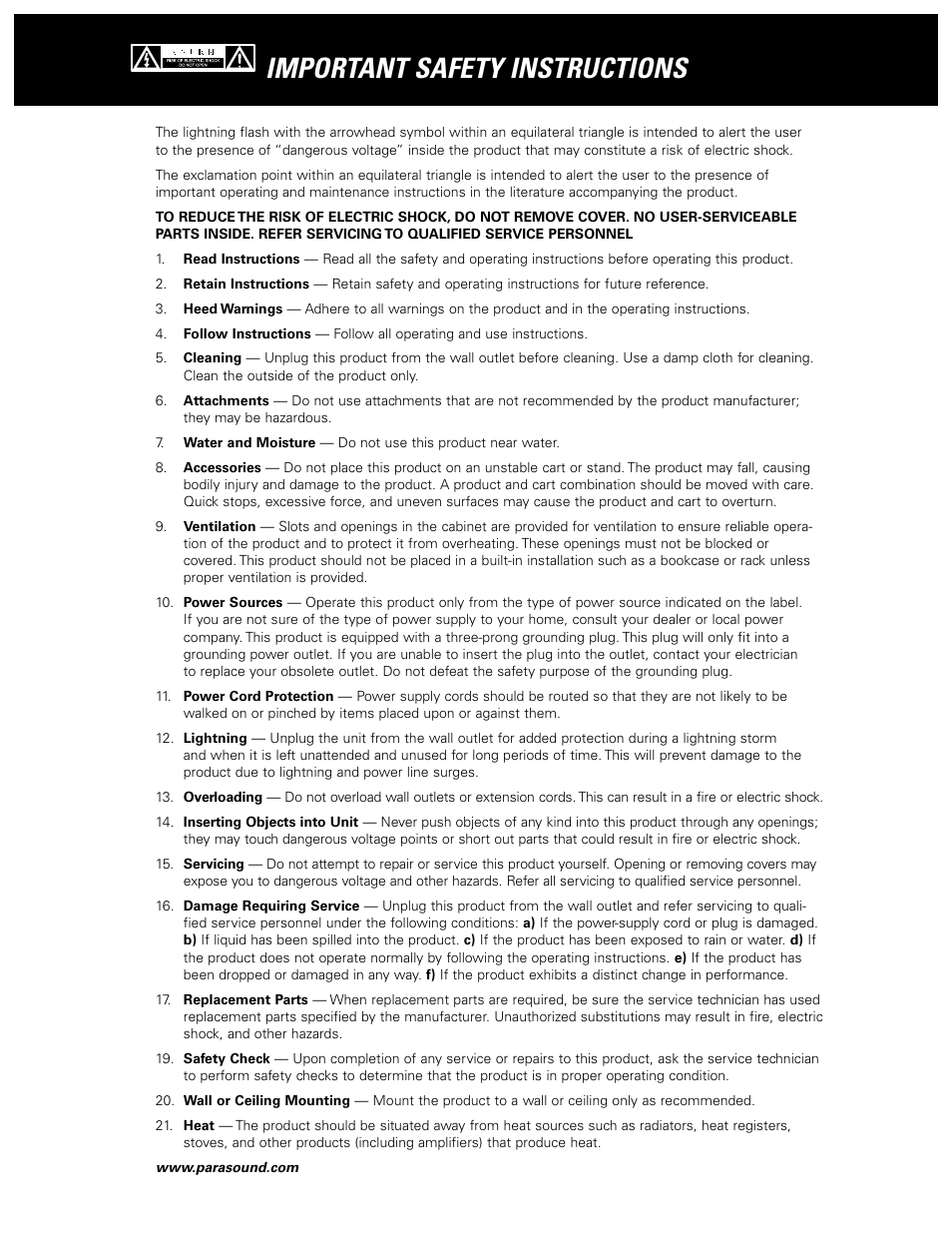 Important safety instructions | Parasound Zamp v.3 User Manual | Page 2 / 12