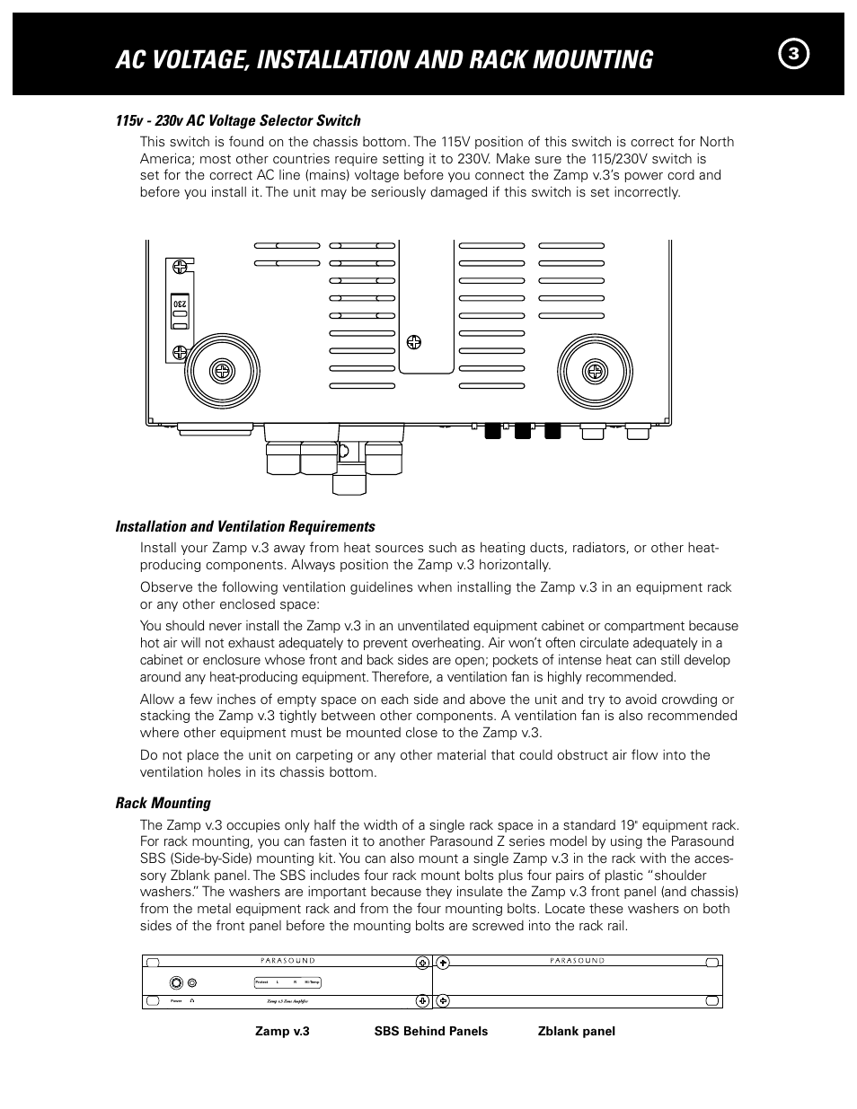 Ac voltage, installation and rack mounting, Installation and ventilation requirements, Rack mounting | Parasound Zamp v.3 User Manual | Page 5 / 12