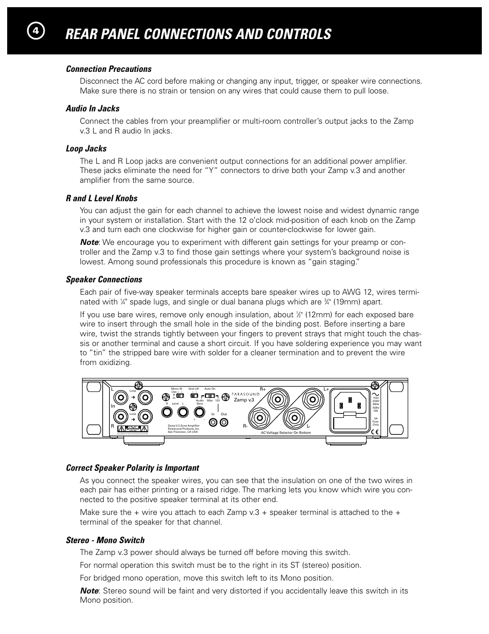 Rear panel connections and controls, Connection precautions, Audio in jacks | Loop jacks, R and l level knobs, Speaker connections, Correct speaker polarity is important, Stereo - mono switch | Parasound Zamp v.3 User Manual | Page 6 / 12