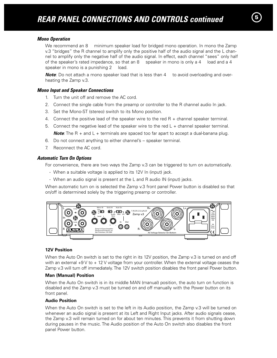 Rear panel connections and controls continued, Mono operation, Mono input and speaker connections | Automatic turn on options | Parasound Zamp v.3 User Manual | Page 7 / 12