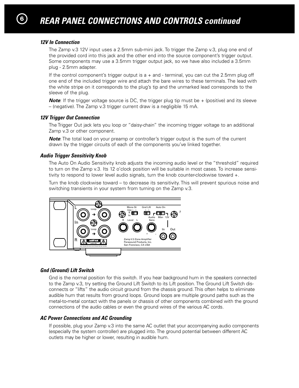 Rear panel connections and controls continued, 12v in connection, 12v trigger out connection | Audio trigger sensitivity knob, Gnd (ground) lift switch, Ac power connections and ac grounding | Parasound Zamp v.3 User Manual | Page 8 / 12