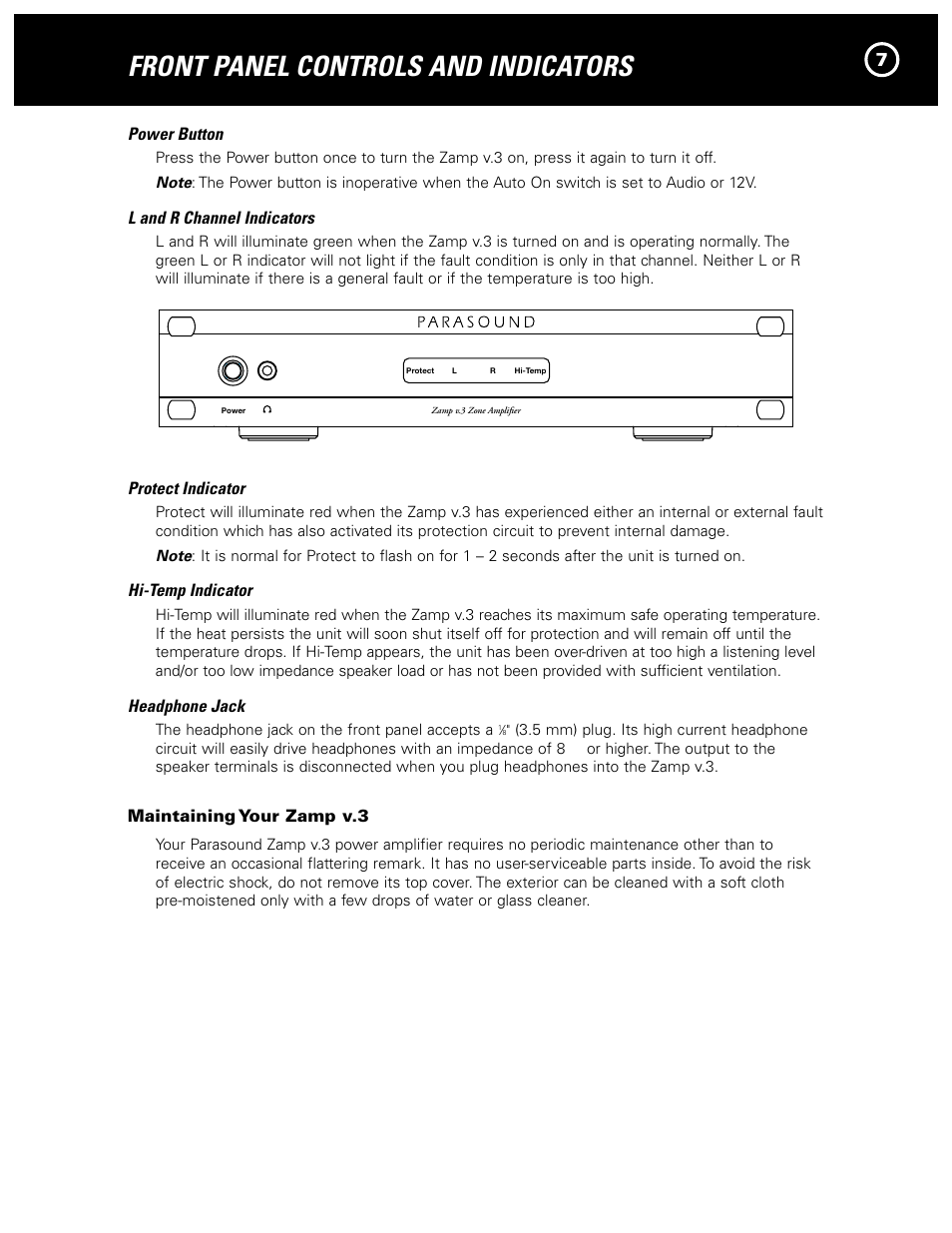Front panel controls and indicators | Parasound Zamp v.3 User Manual | Page 9 / 12