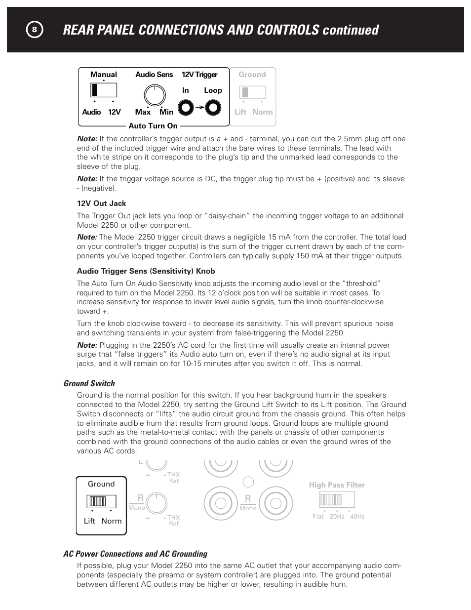 Rear panel connections and controls continued, Caution, Warning | 2250 two channel amplifier, Lr l | Parasound 2250 User Manual | Page 10 / 16
