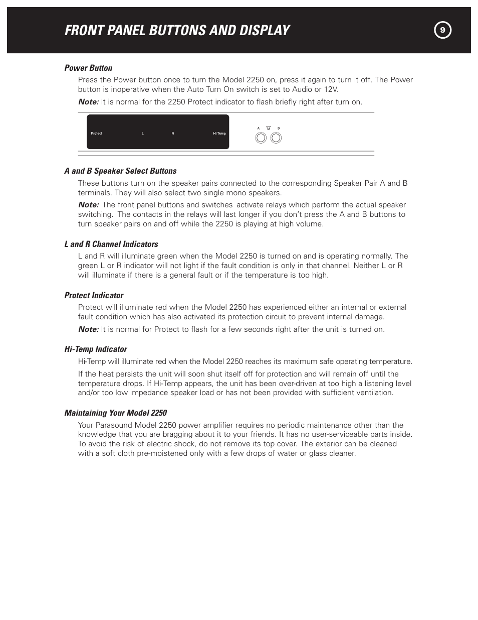 Front panel buttons and display | Parasound 2250 User Manual | Page 11 / 16
