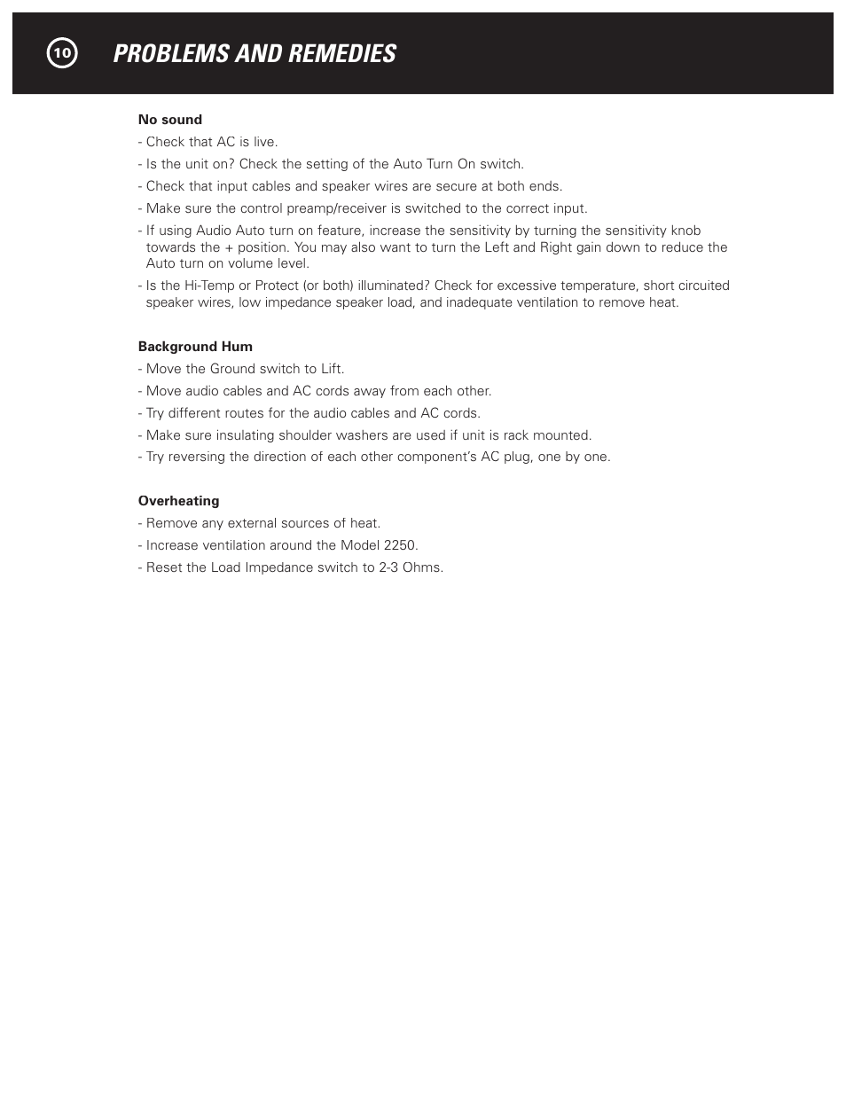 Problems and remedies | Parasound 2250 User Manual | Page 12 / 16