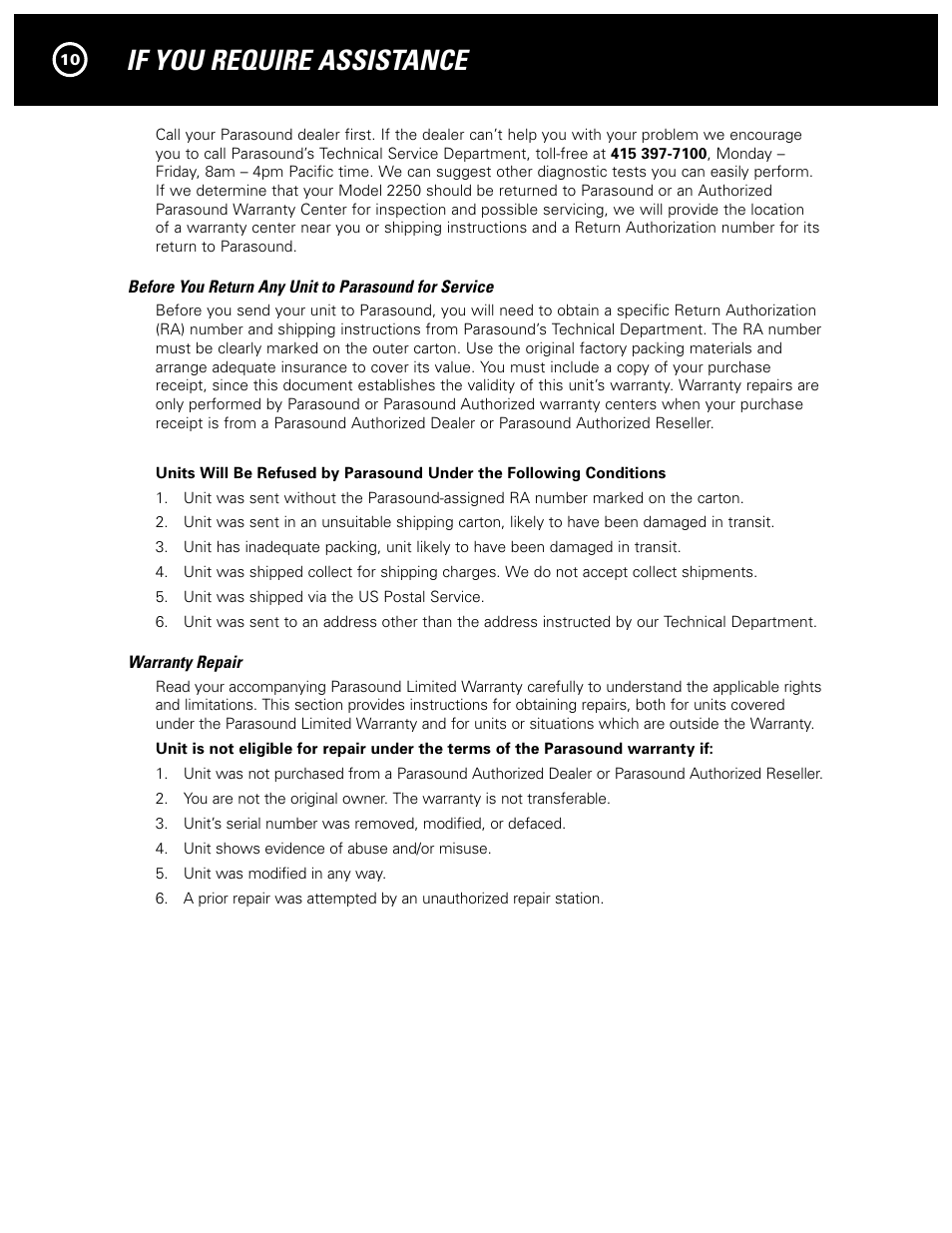 If you require assistance | Parasound 2250 User Manual | Page 13 / 16