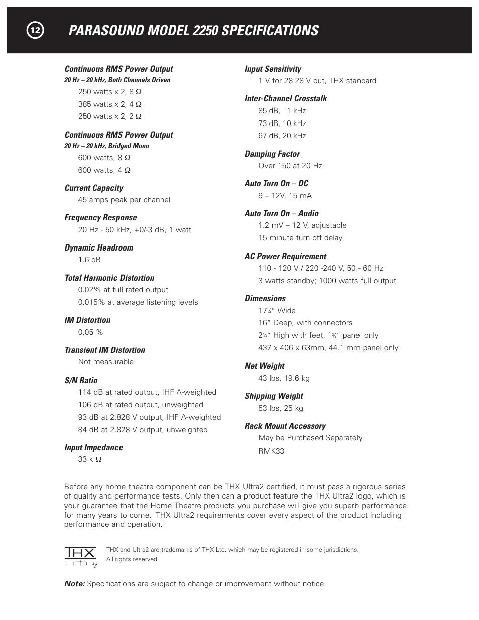 Parasound model 2250 specifications | Parasound 2250 User Manual | Page 14 / 16