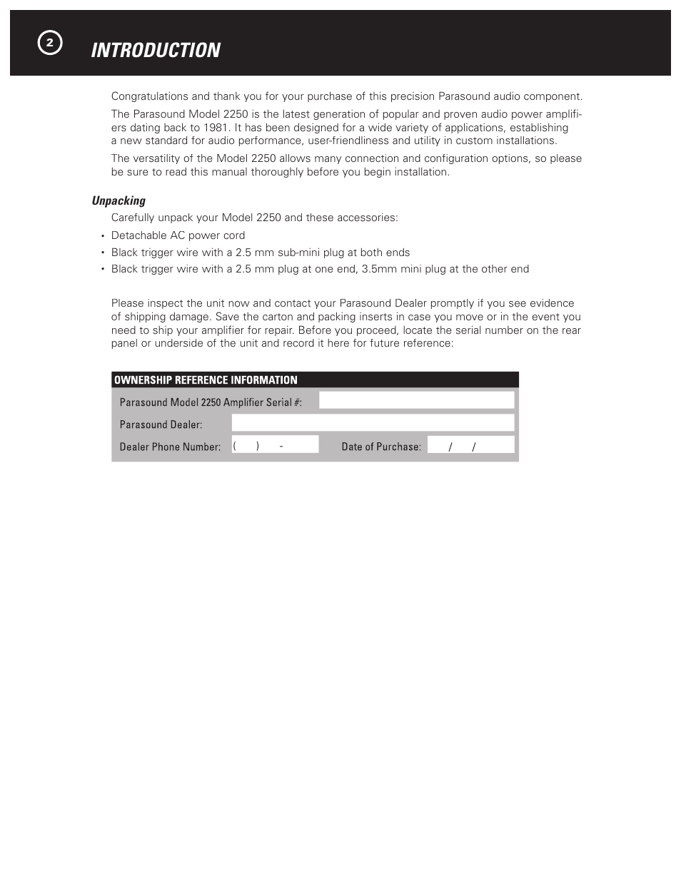 Introduction | Parasound 2250 User Manual | Page 4 / 16