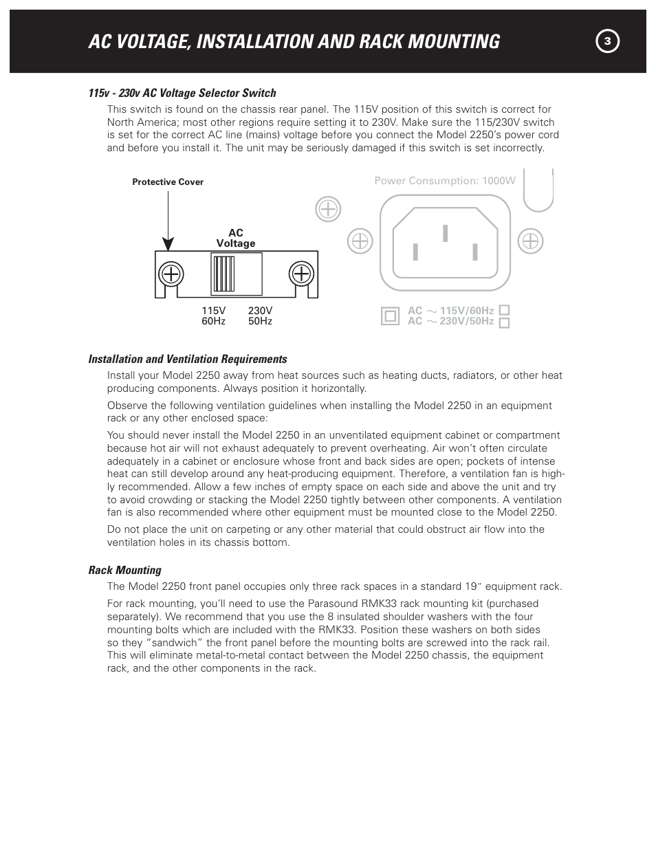 Ac voltage, installation and rack mounting, Caution, Warning | 2250 two channel amplifier, Lr l | Parasound 2250 User Manual | Page 5 / 16