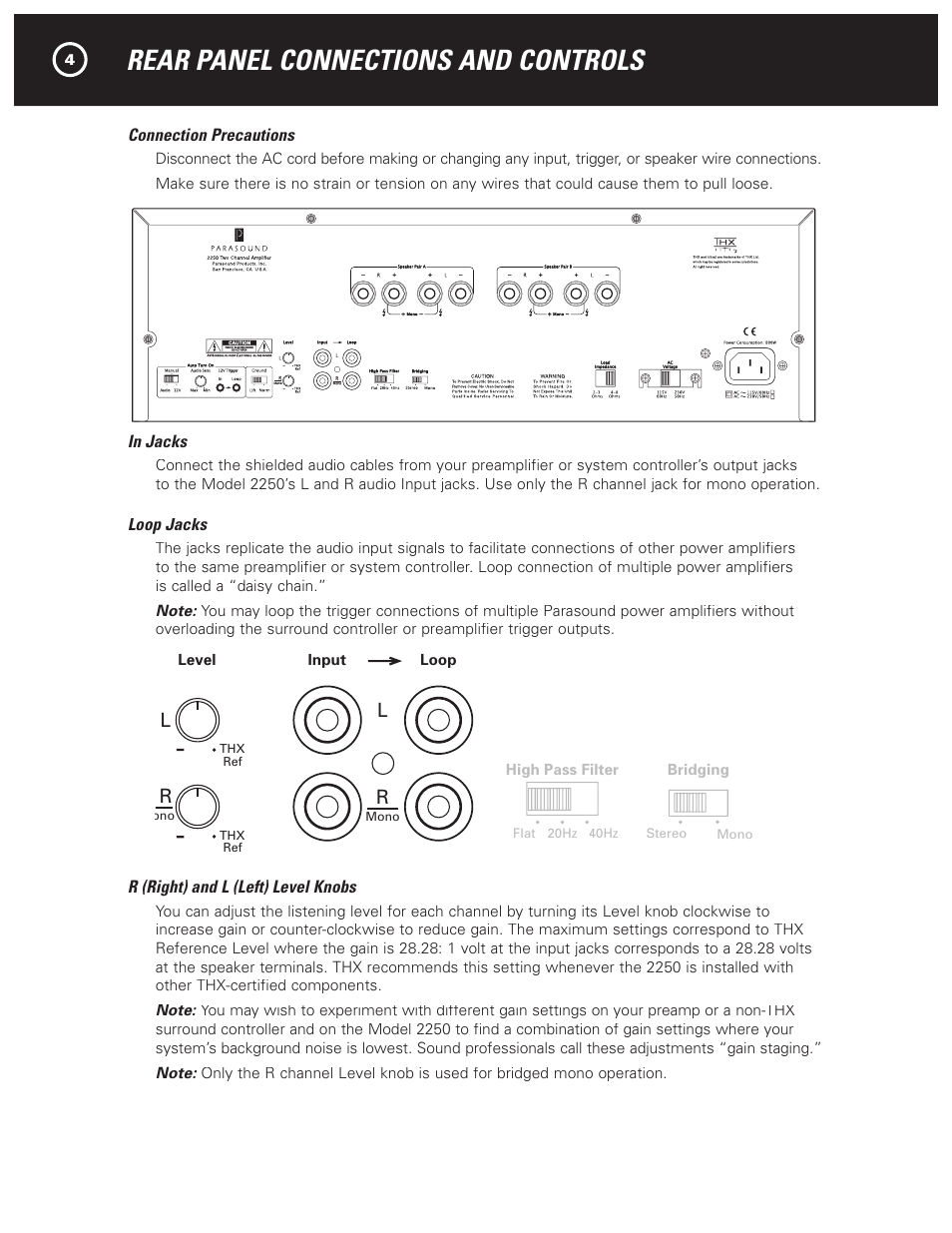 Rear panel connections and controls, Caution, Warning | 2250 two channel amplifier, Lr l | Parasound 2250 User Manual | Page 6 / 16