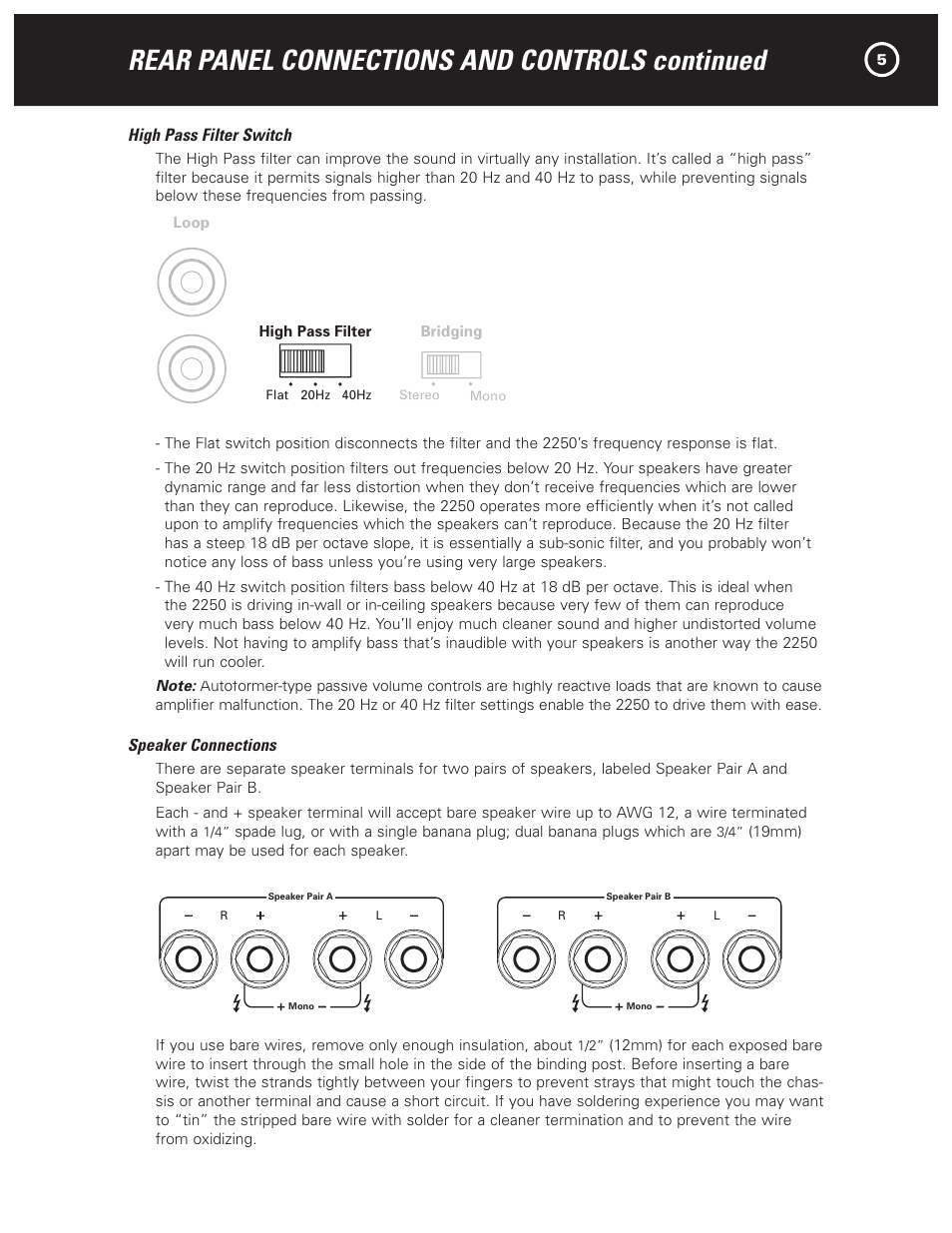 Rear panel connections and controls continued, Warning, 2250 two channel amplifier | Lr l | Parasound 2250 User Manual | Page 7 / 16