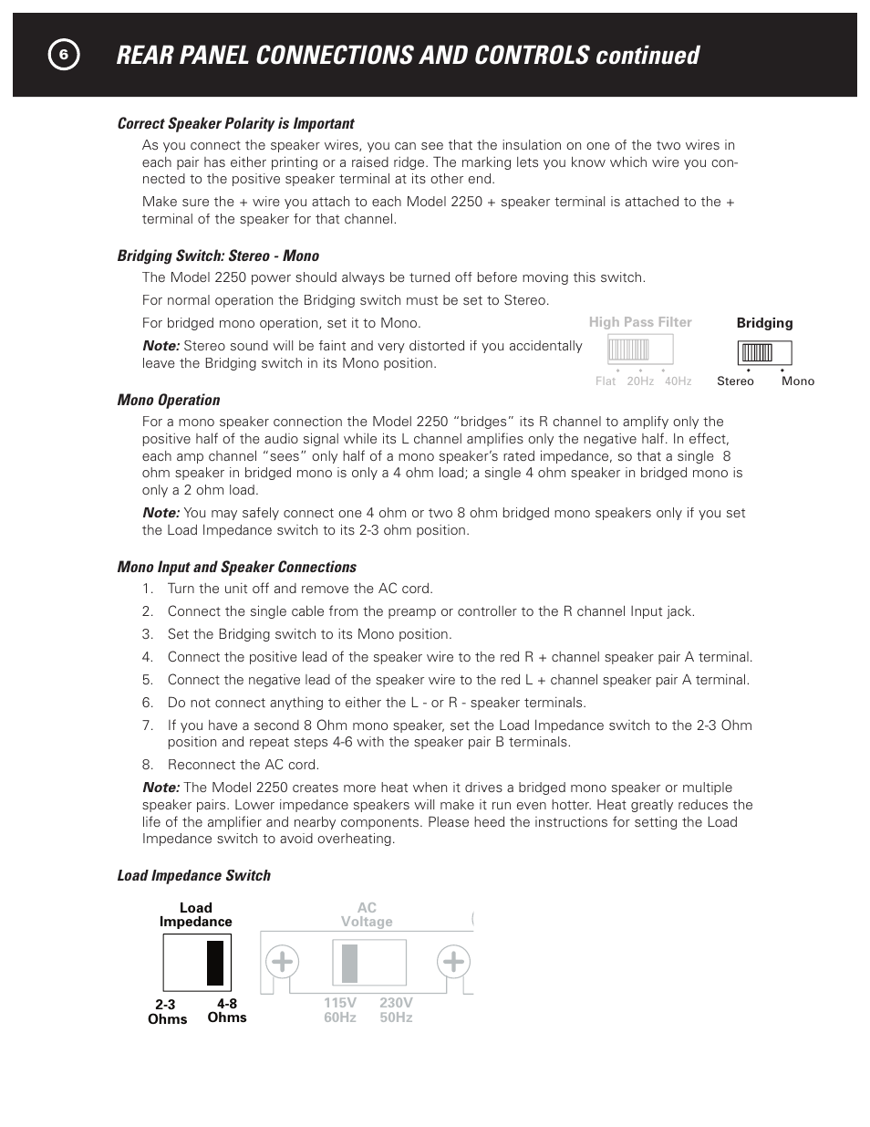 Rear panel connections and controls continued, Caution, Warning | 2250 two channel amplifier, Lr l | Parasound 2250 User Manual | Page 8 / 16