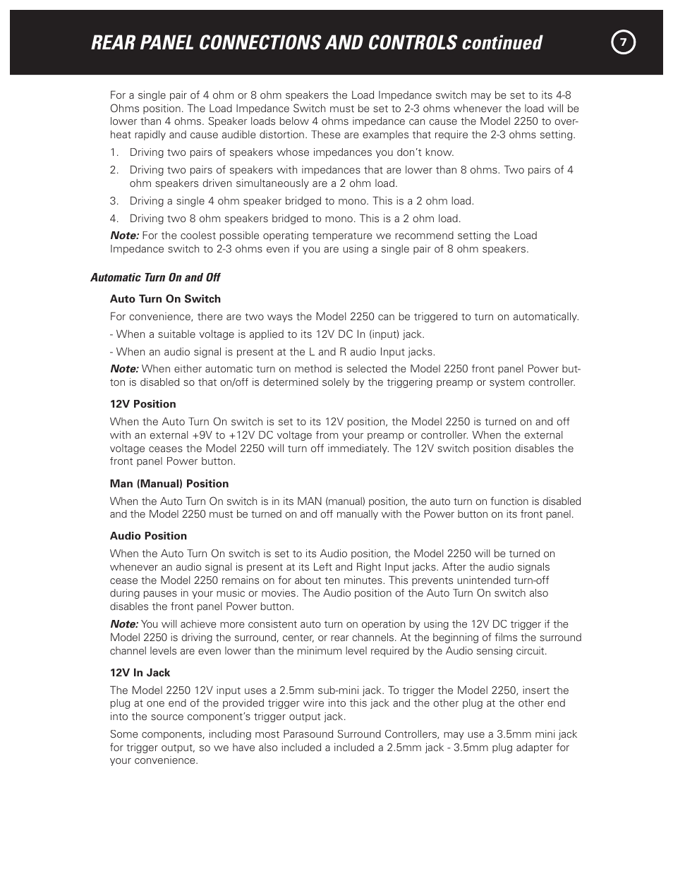 Rear panel connections and controls continued | Parasound 2250 User Manual | Page 9 / 16