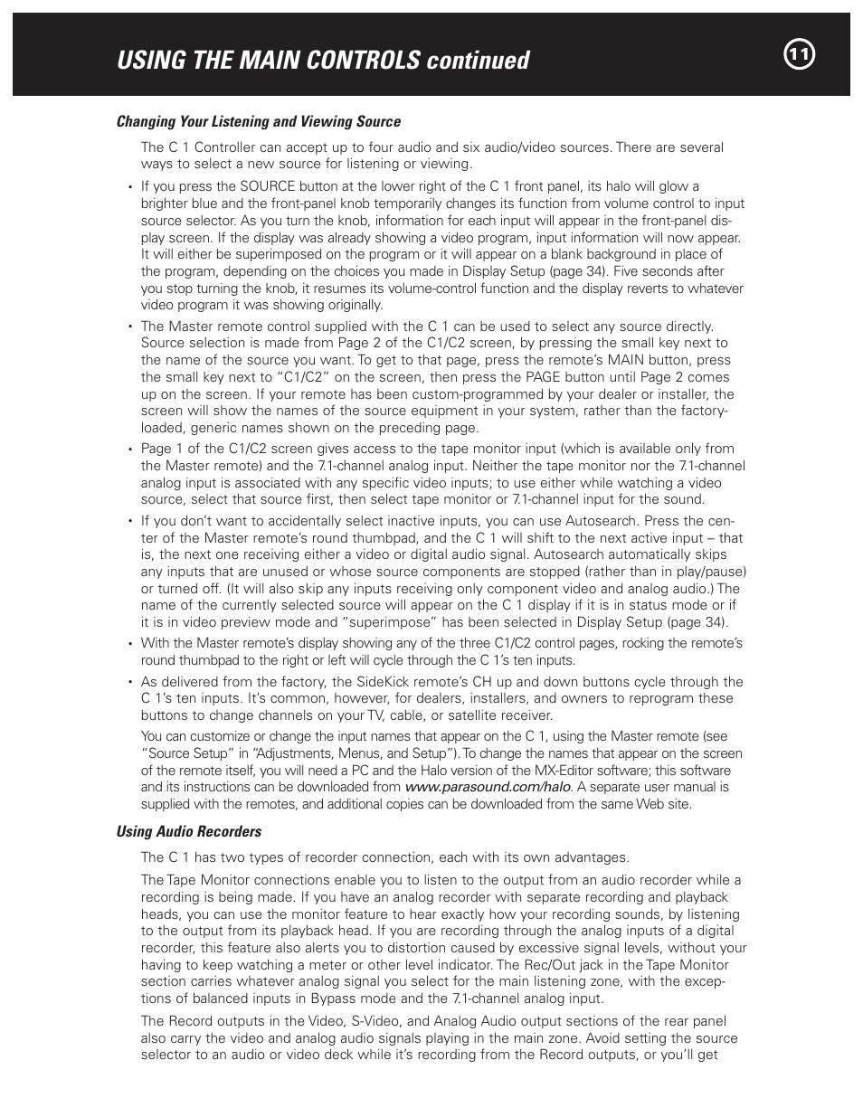 Using the main controls continued | Parasound Halo C1 Controller User Manual | Page 11 / 68