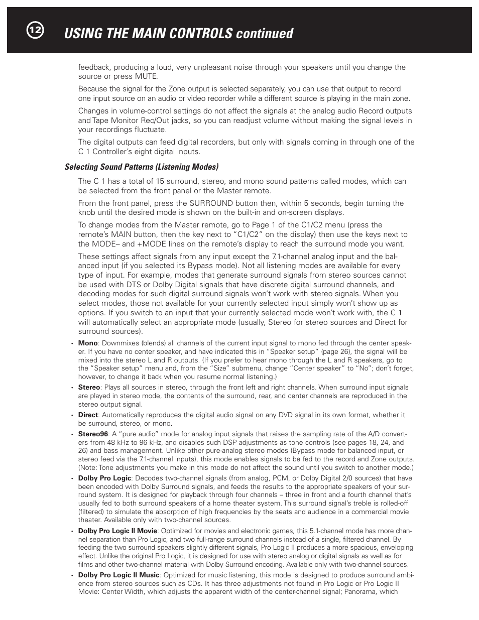 Using the main controls continued, Selecting sound patterns (listening modes) | Parasound Halo C1 Controller User Manual | Page 12 / 68