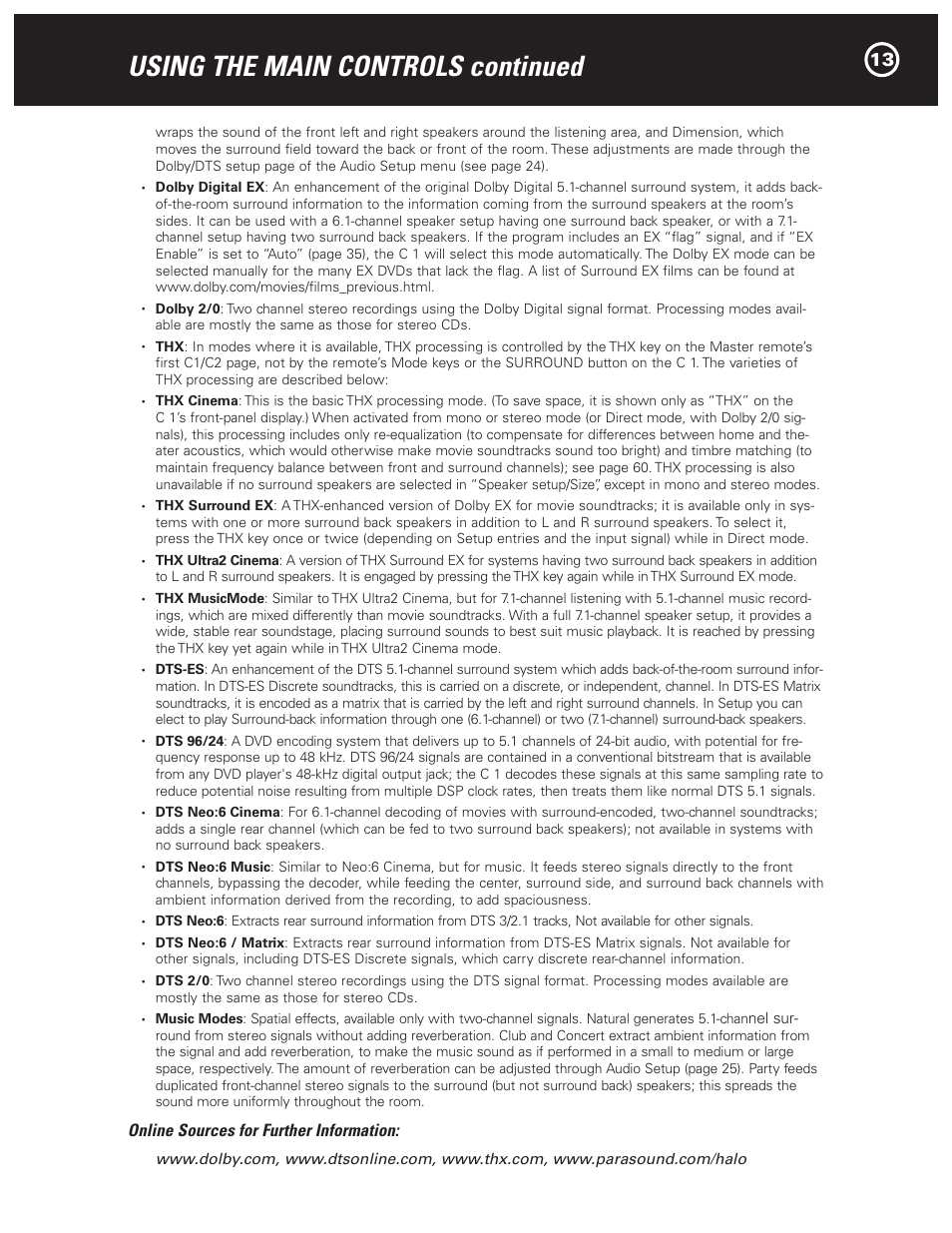Using the main controls continued, Online sources for further information | Parasound Halo C1 Controller User Manual | Page 13 / 68