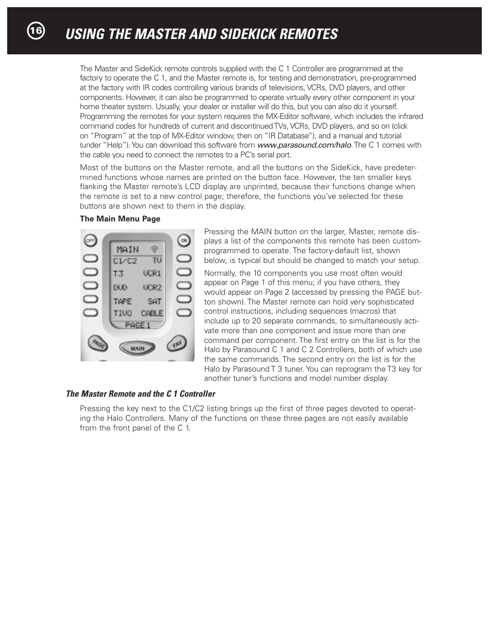 Using the master and sidekick remotes | Parasound Halo C1 Controller User Manual | Page 16 / 68