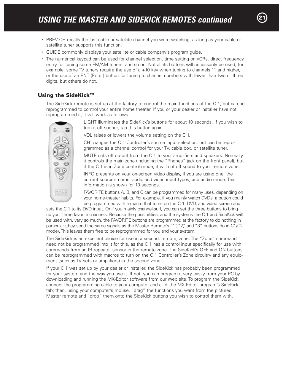 Using the master and sidekick remotes continued | Parasound Halo C1 Controller User Manual | Page 21 / 68