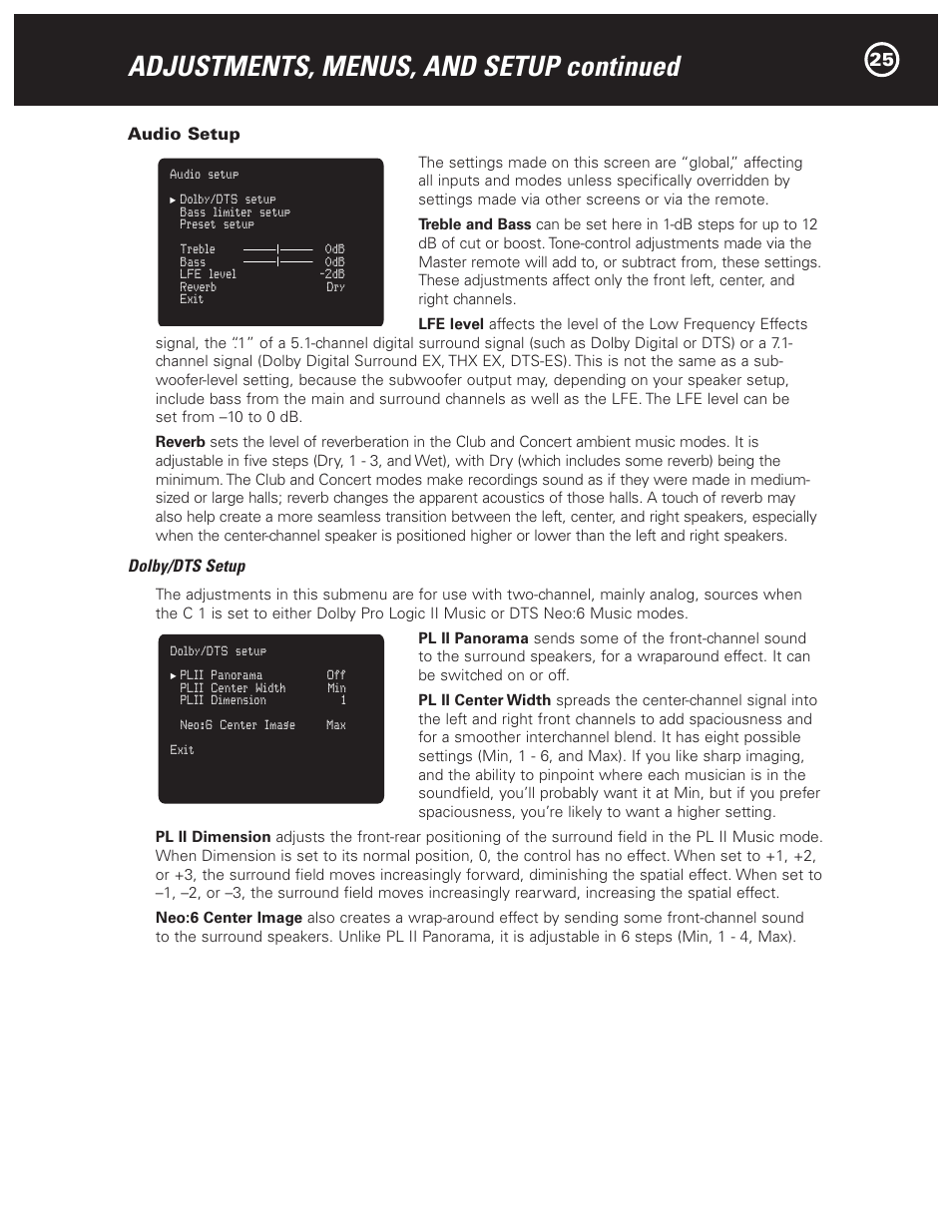 Adjustments, menus, and setup continued | Parasound Halo C1 Controller User Manual | Page 25 / 68