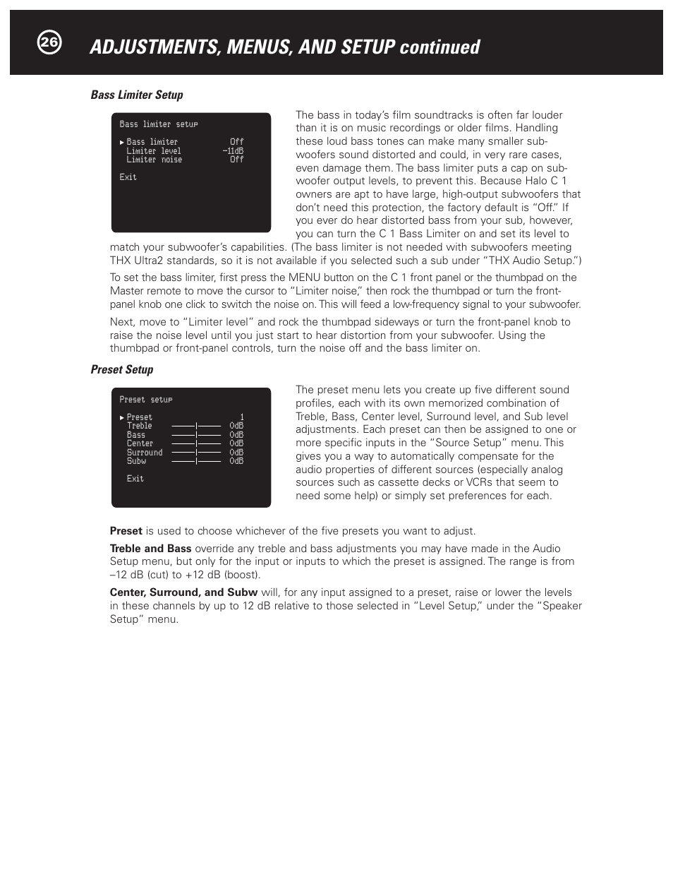 Adjustments, menus, and setup continued | Parasound Halo C1 Controller User Manual | Page 26 / 68