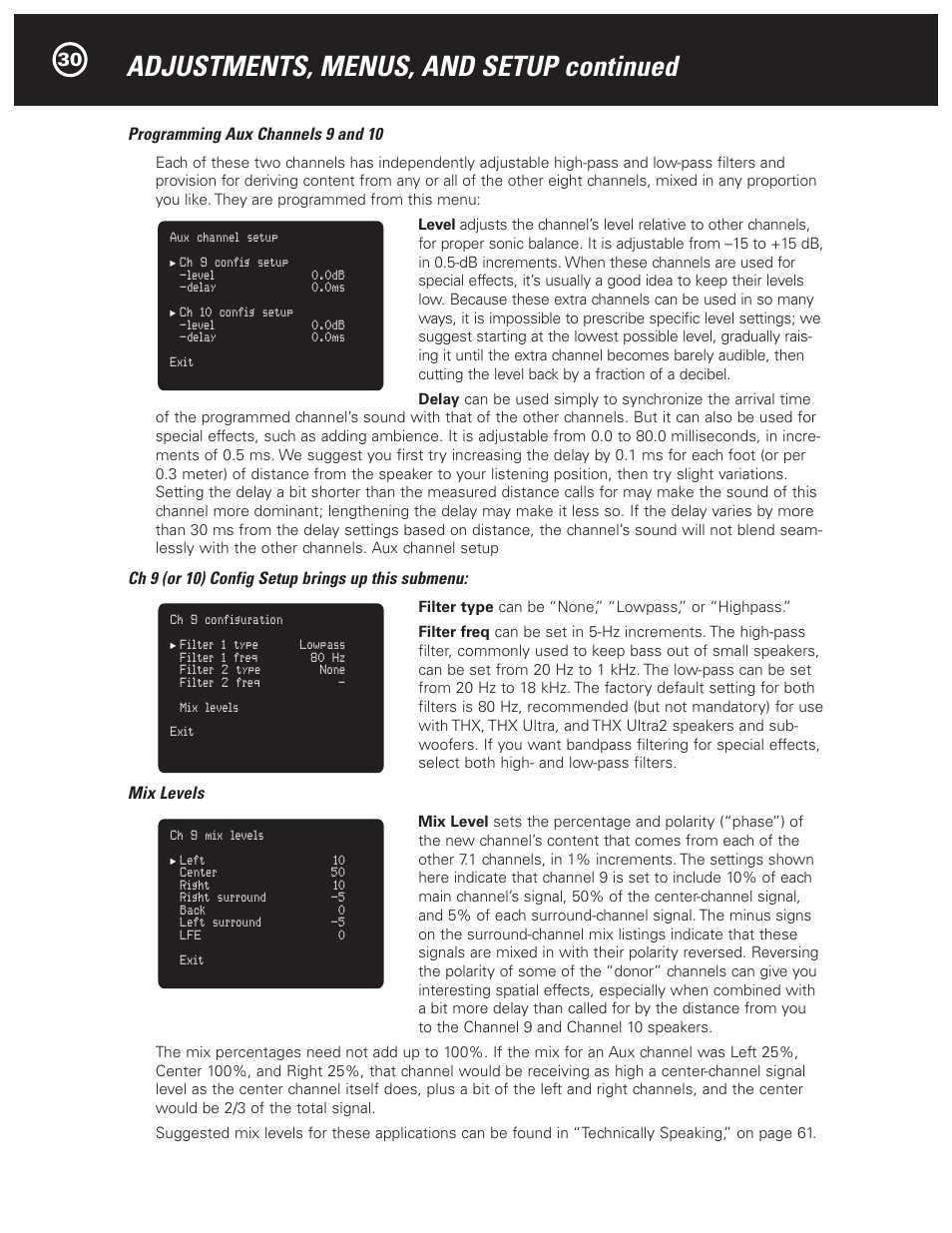 Adjustments, menus, and setup continued, Programming aux channels 9 and 10, Ch 9 (or 10) config setup brings up this submenu | Mix levels | Parasound Halo C1 Controller User Manual | Page 30 / 68