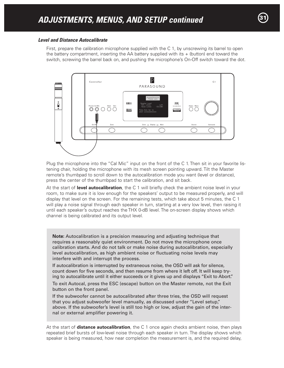 Adjustments, menus, and setup continued, Level and distance autocalibrate | Parasound Halo C1 Controller User Manual | Page 31 / 68